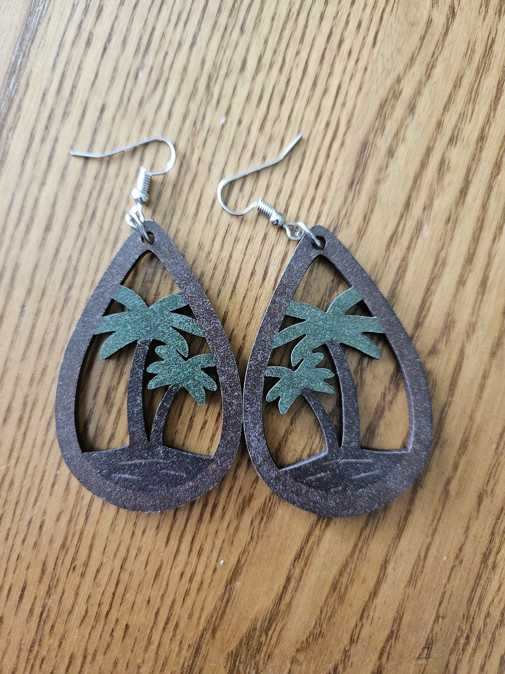 Wooden Teardrop Palm Tree Earrings in Brown and Green